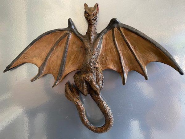 Small Leather-look Dragon relief sculpture by Yvonne Desrosiers